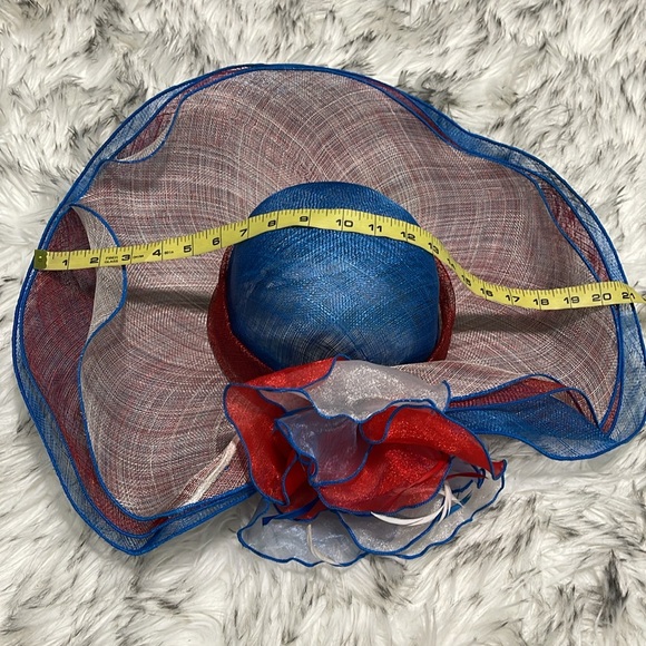 Kentucky Derby Side Flip 7" Brim Sinamay Layered Feather Hat USA Flag Patriotic - Picture 14 of 16